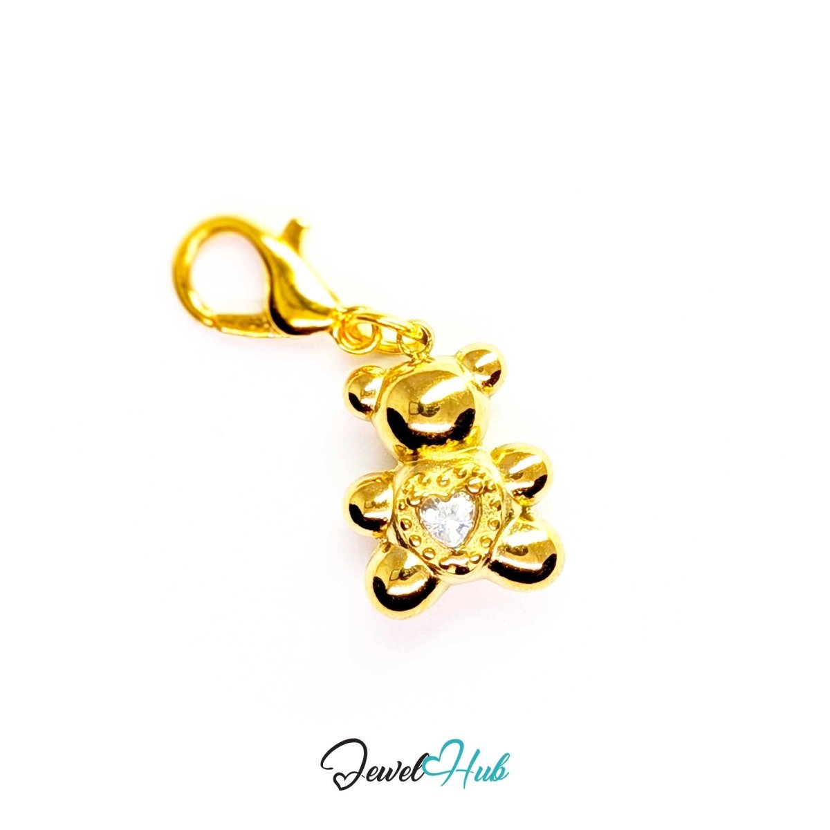 Gold Crystal Heart Bear charm fitted with a lobster clasp, ready to clip onto a bracelet, bag or keyring - JewelHub