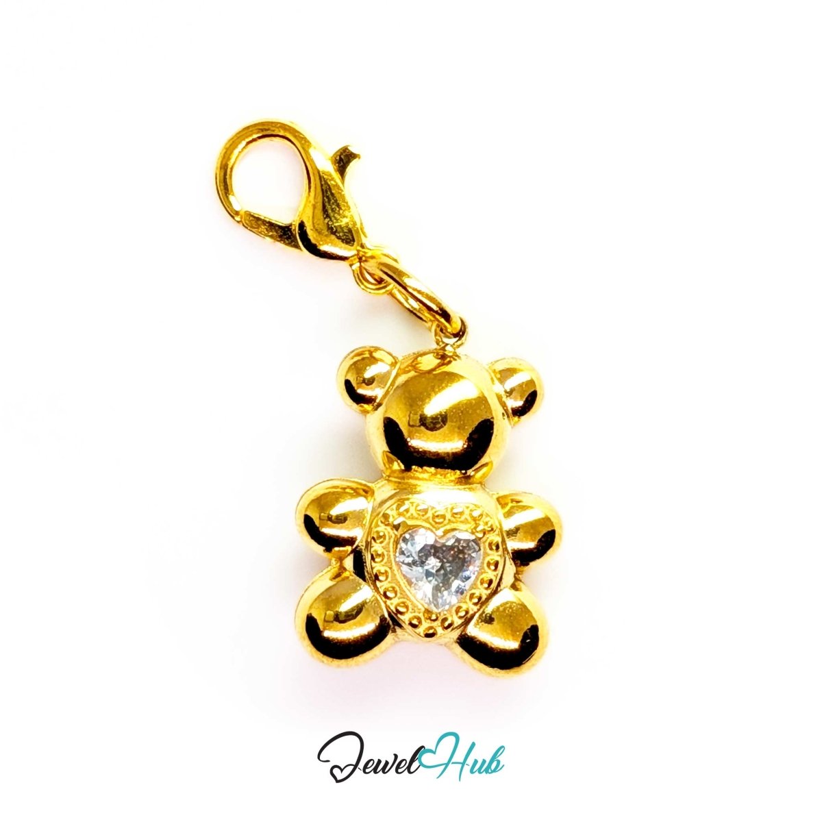 Gold Crystal Heart Bear charm fitted with a lobster clasp, ready to clip onto a bracelet, bag or keyring - JewelHub