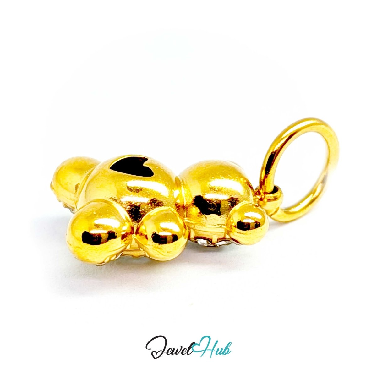 Gold Crystal Solitaire Heart Bear charm, three-quarter view of the plump polished body - JewelHub