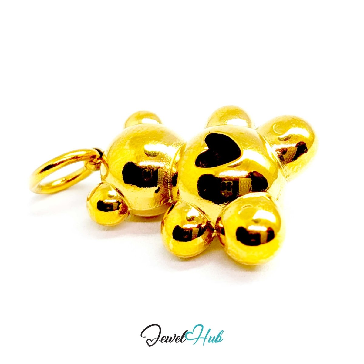 Angled view of the gold Crystal Solitaire Heart Bear charm and its jump ring - JewelHub