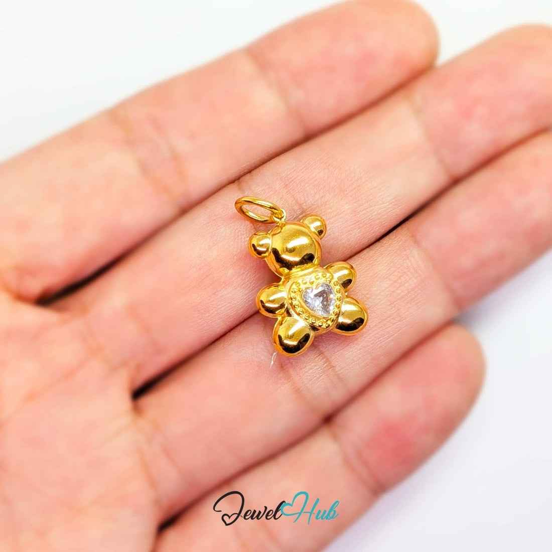 Crystal Solitaire Heart Bear charm in polished gold stainless steel with a single heart-cut crystal - JewelHub