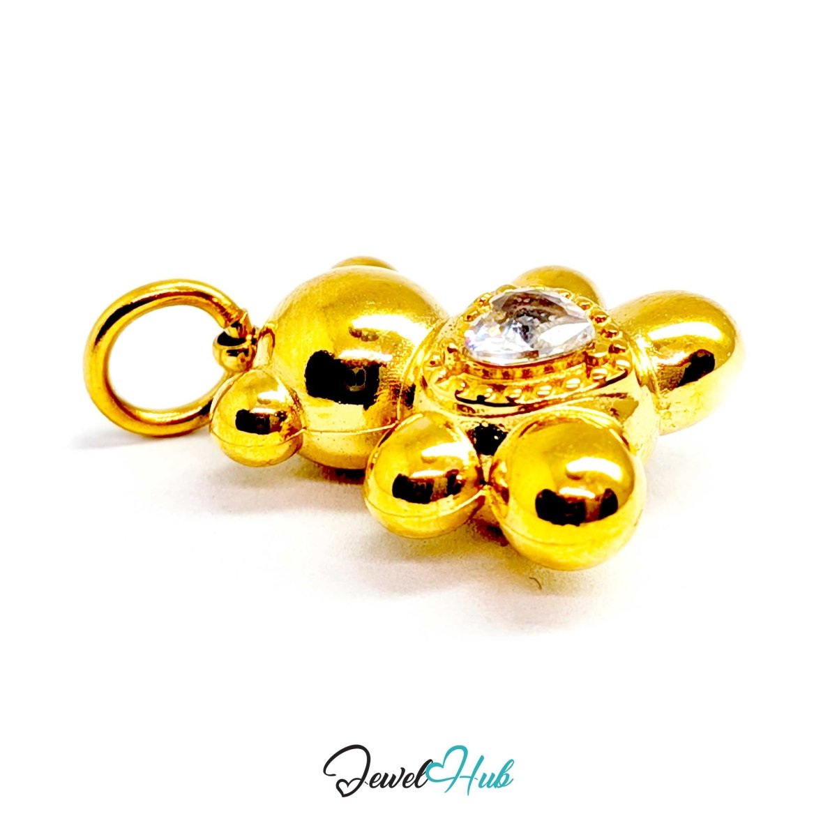 Gold Crystal Solitaire Heart Bear charm from the side, showing its rounded 7.6mm depth - JewelHub