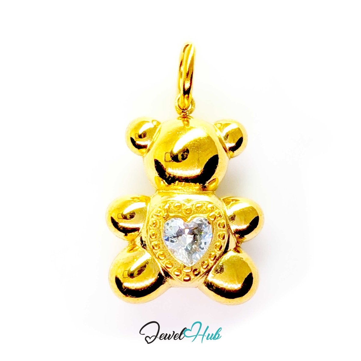 Crystal Solitaire Heart Bear charm in polished gold stainless steel with a single heart-cut crystal - JewelHub