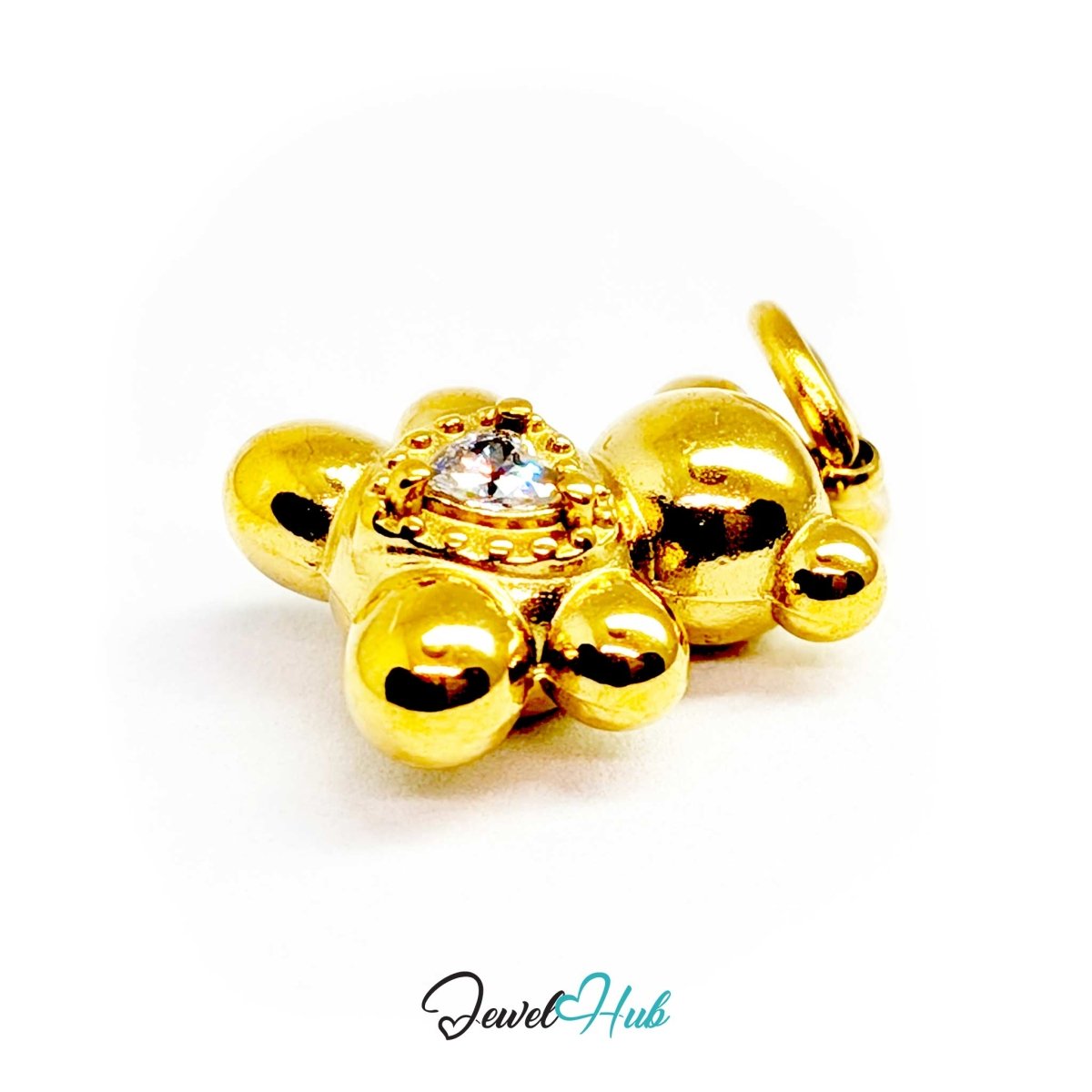 Small gold Crystal Solitaire Heart Bear charm seen from the side, showing the jump ring at the top - JewelHub