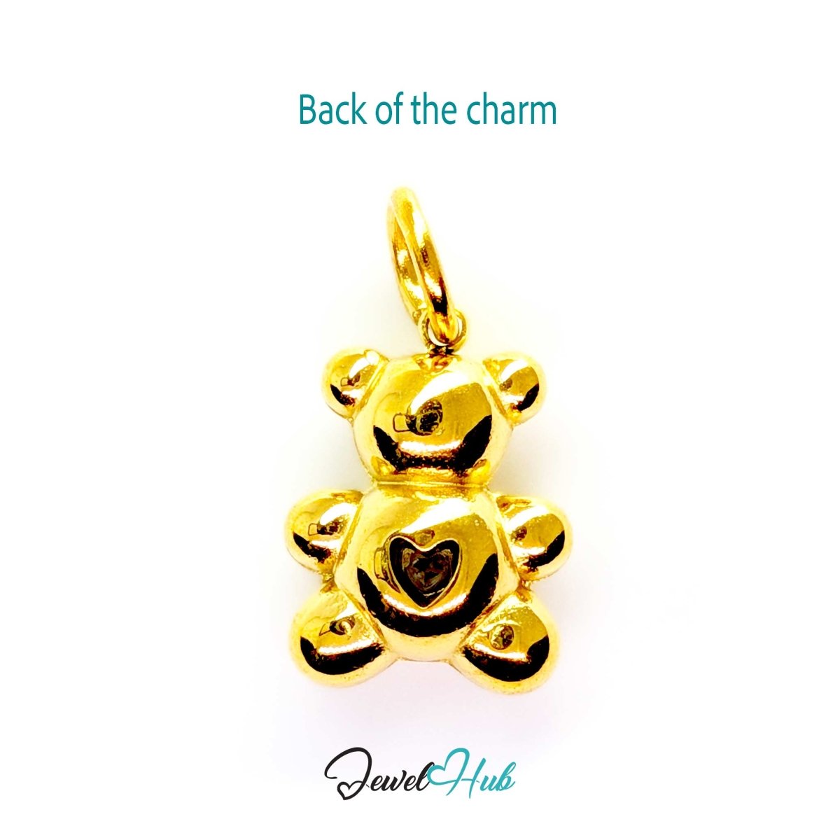 Back of the small gold Crystal Solitaire Heart Bear charm - smooth polished steel, suitable for engraving - JewelHub