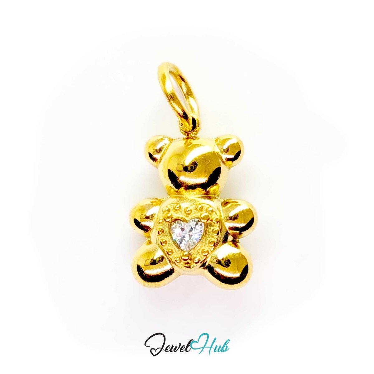 Small Crystal Solitaire Heart Bear charm in gold-tone stainless steel holding a single crystal heart - JewelHub
