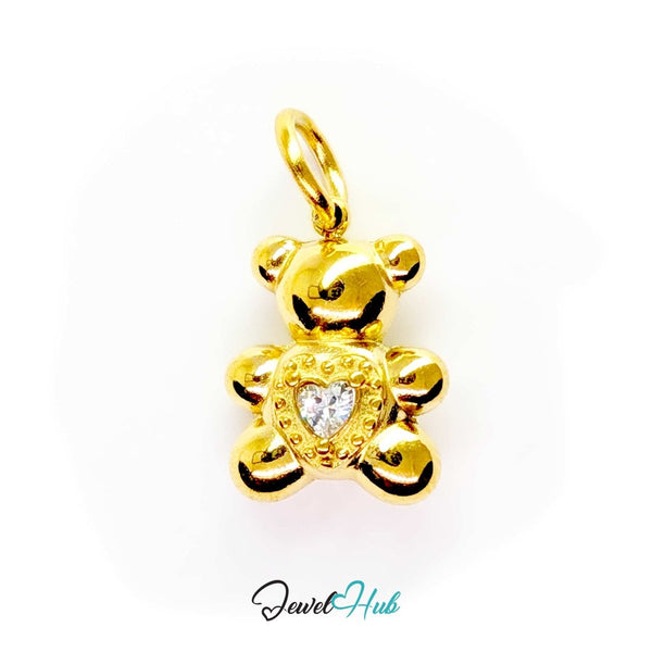 Small Crystal Solitaire Heart Bear charm in gold-tone stainless steel holding a single crystal heart - JewelHub
