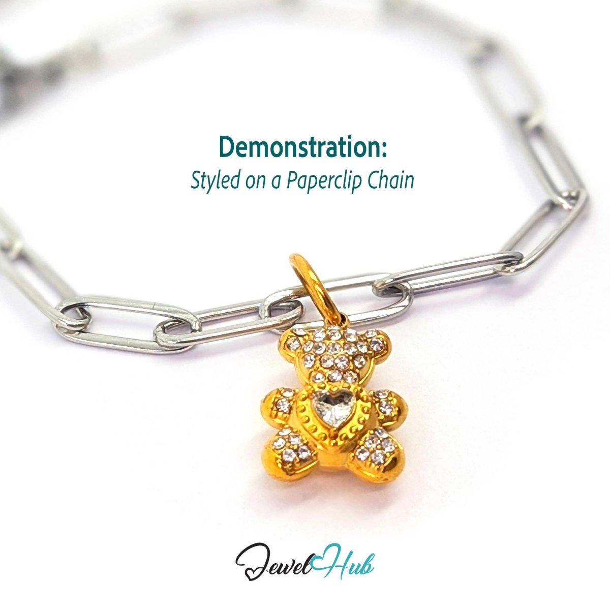 Gold crystal Sparkle Heart Bear charm styled on a silver paperclip chain bracelet for a two-tone look - JewelHub