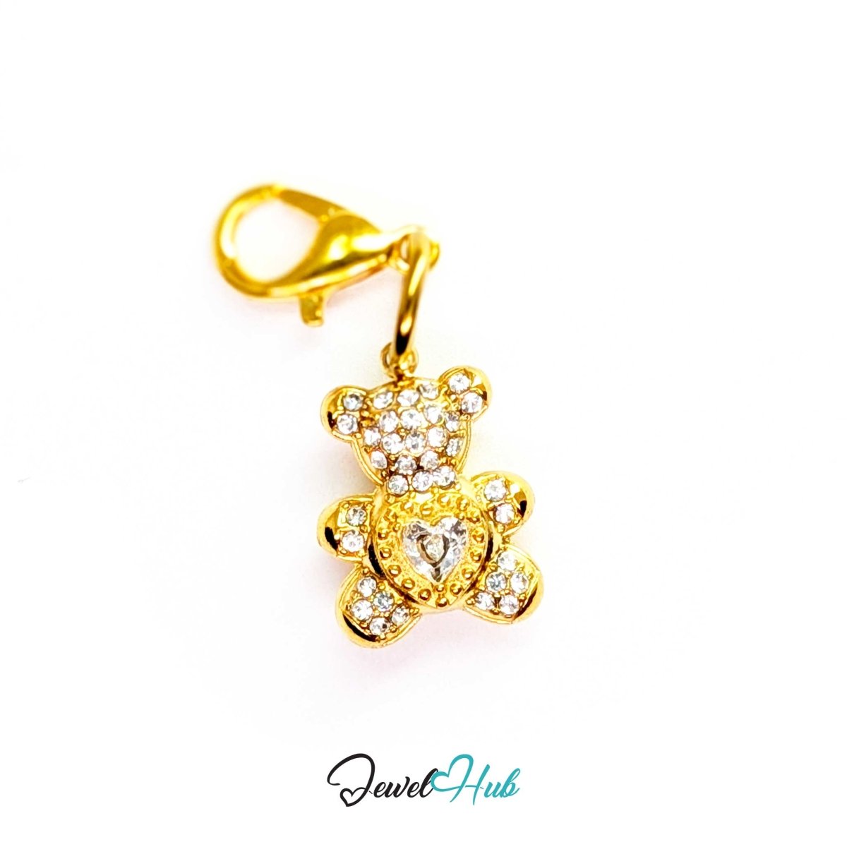 Gold Crystal Sparkle Heart Bear charm fitted with a lobster clasp, ready to clip onto a bracelet, bag or keyring - JewelHub
