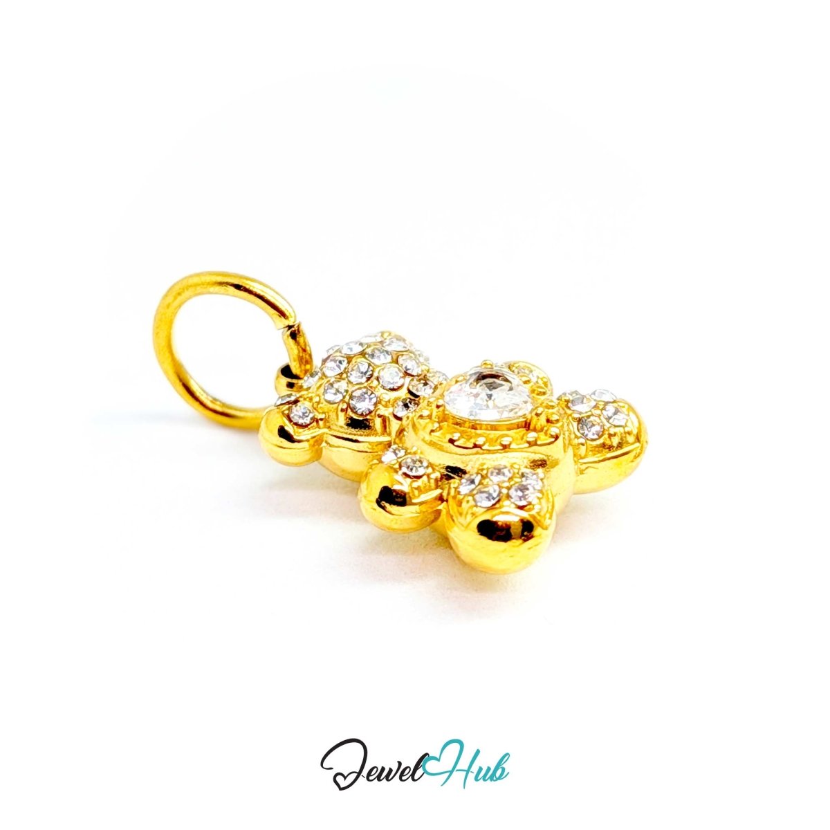 Angled view of the gold Crystal Sparkle Heart Bear charm and its 4mm jump ring - JewelHub