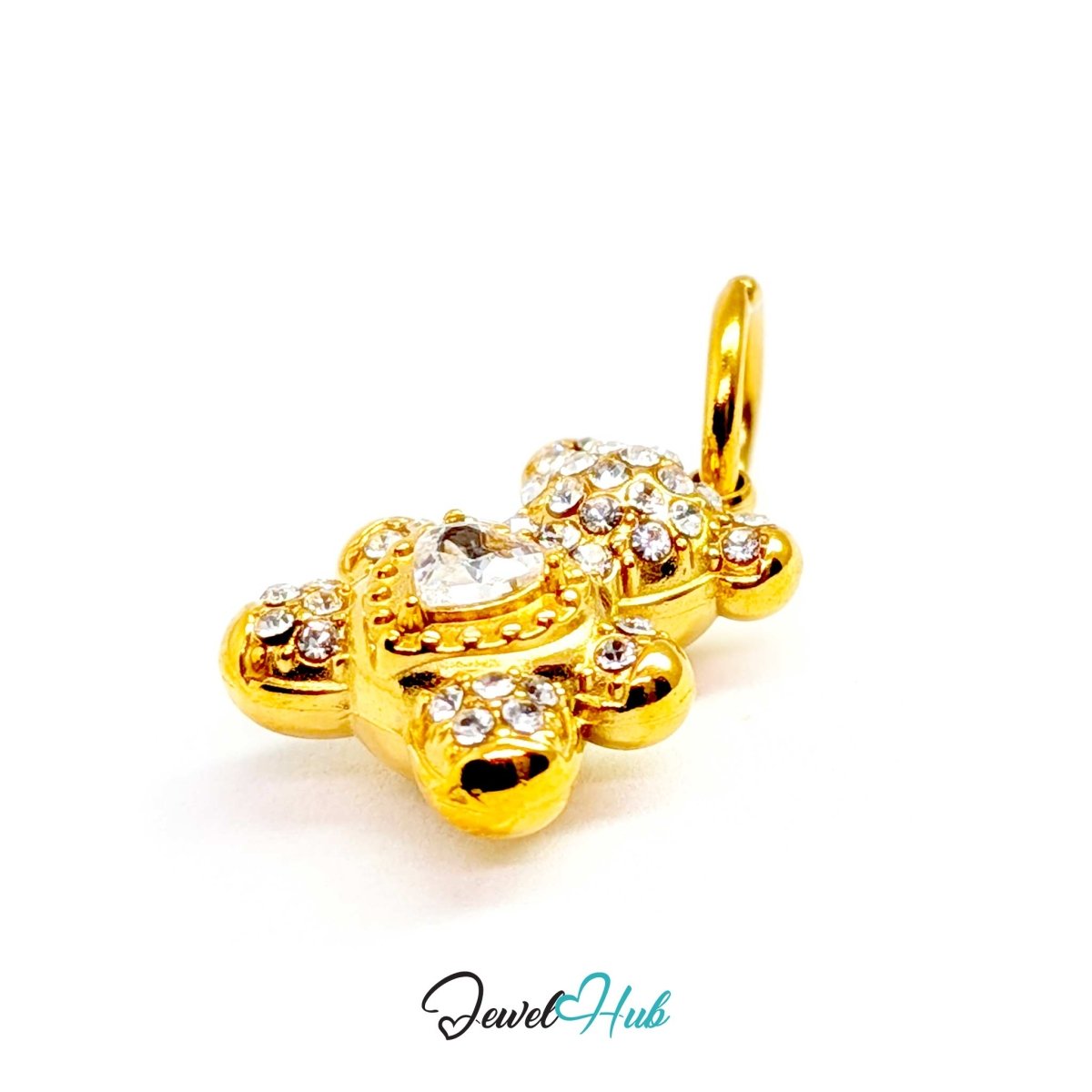 Gold Crystal Sparkle Heart Bear charm, close view of the bezel-set heart-cut centre stone - JewelHub