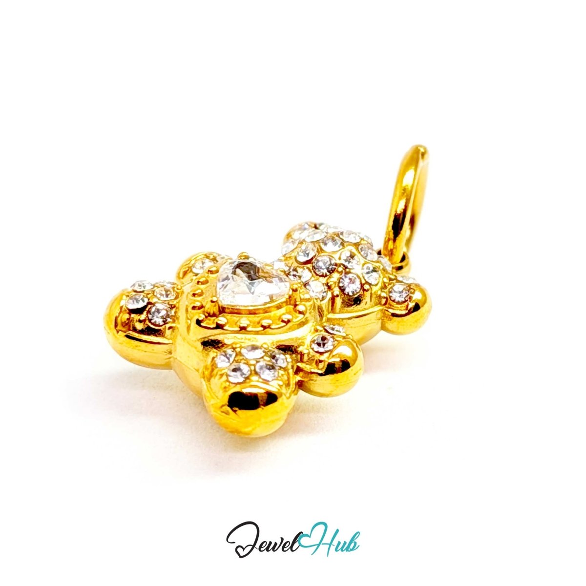 Gold Crystal Sparkle Heart Bear charm from the side, showing its 6.5mm depth - JewelHub