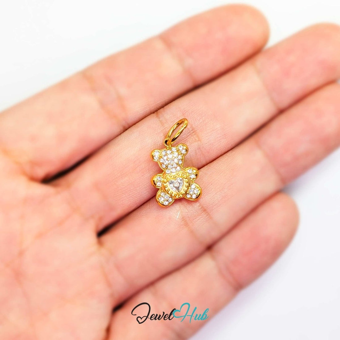 Crystal Sparkle Heart Bear charm in gold-tone stainless steel with a heart-cut crystal at the chest - JewelHub