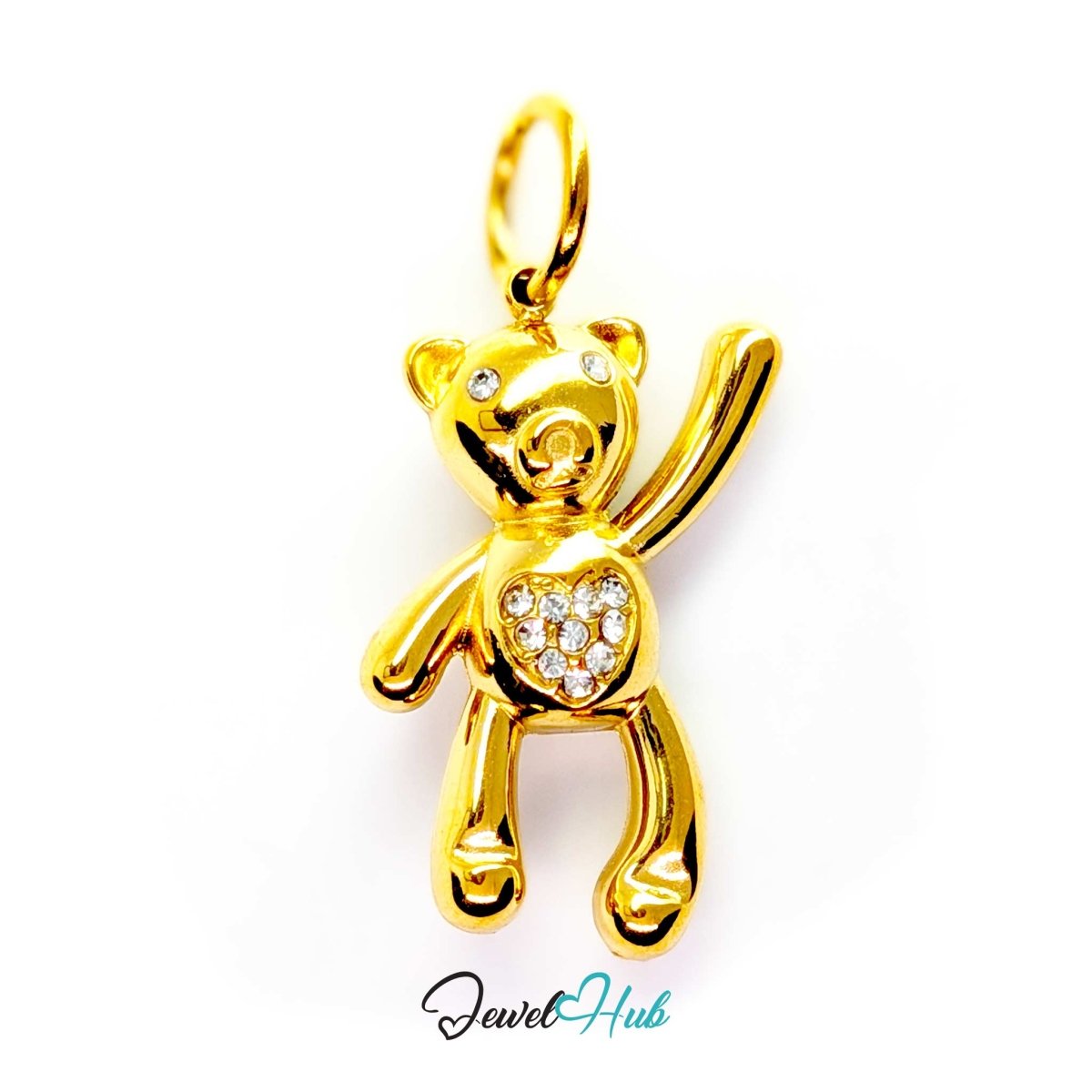 Crystal Tummy Bear charm in gold-tone stainless steel, a waving teddy with a pave-set tummy panel - JewelHub