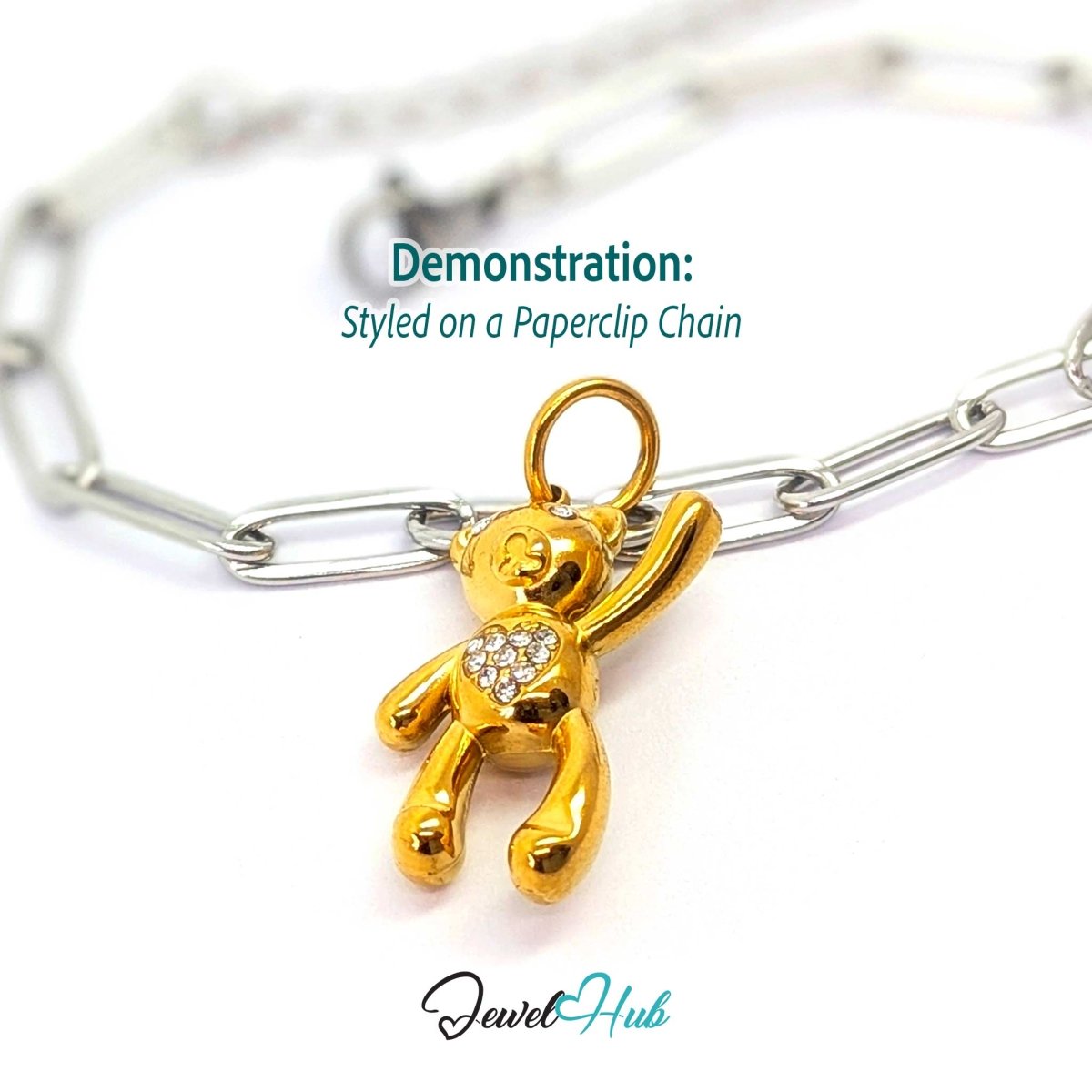 Gold crystal Tummy Bear charm styled on a silver paperclip chain bracelet for a two-tone look - JewelHub