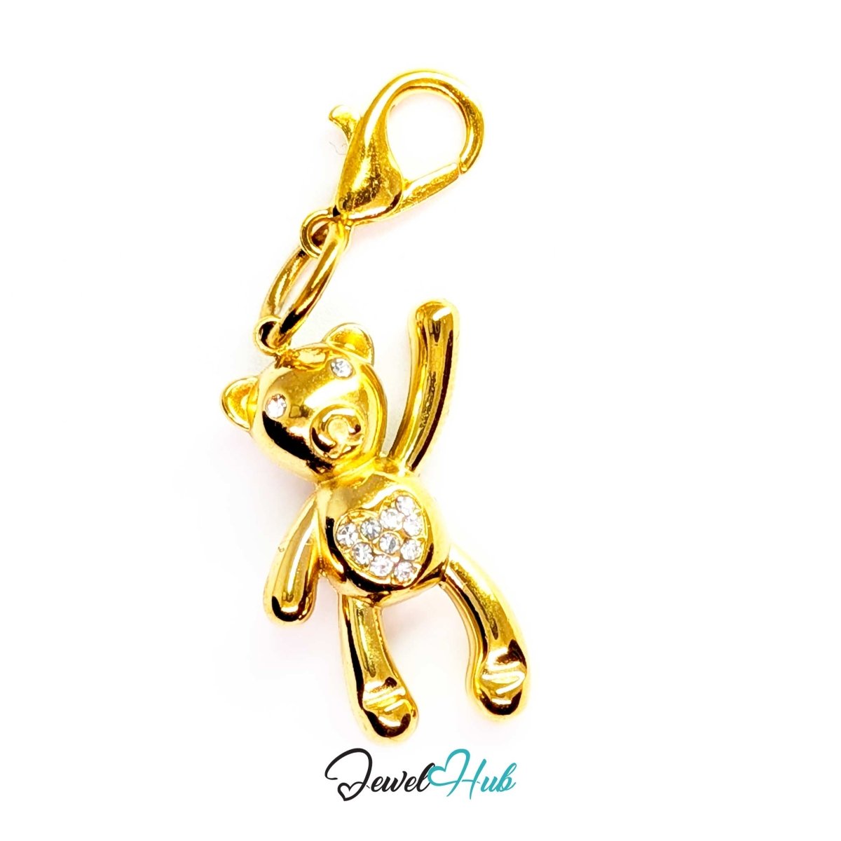 Gold Crystal Tummy Bear charm fitted with a lobster clasp, ready to clip onto a bracelet, bag or keyring - JewelHub