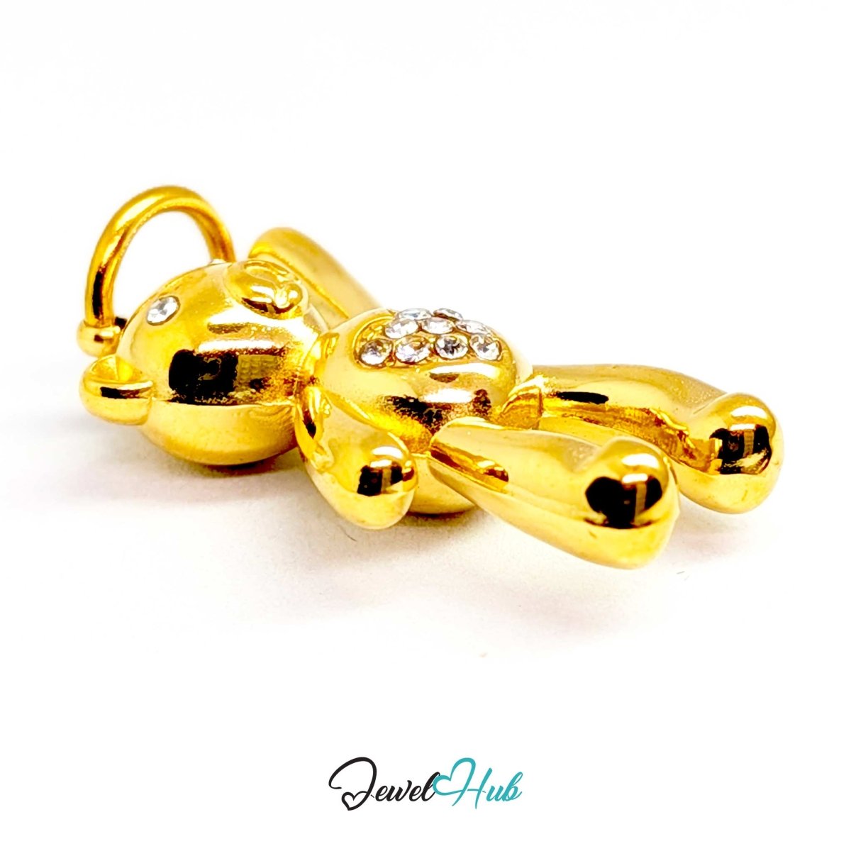 Gold Crystal Tummy Bear charm from the side, showing its jointed arms and legs - JewelHub
