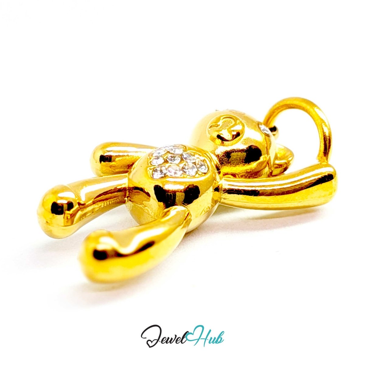 Angled view of the gold Crystal Tummy Bear charm with one paw raised in a wave - JewelHub