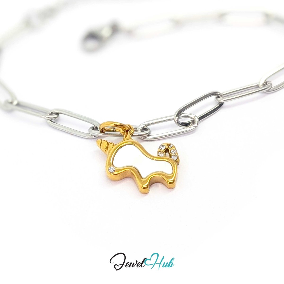 Gold unicorn charm styled on a silver paperclip chain for a two-tone mixed-metal look - JewelHub