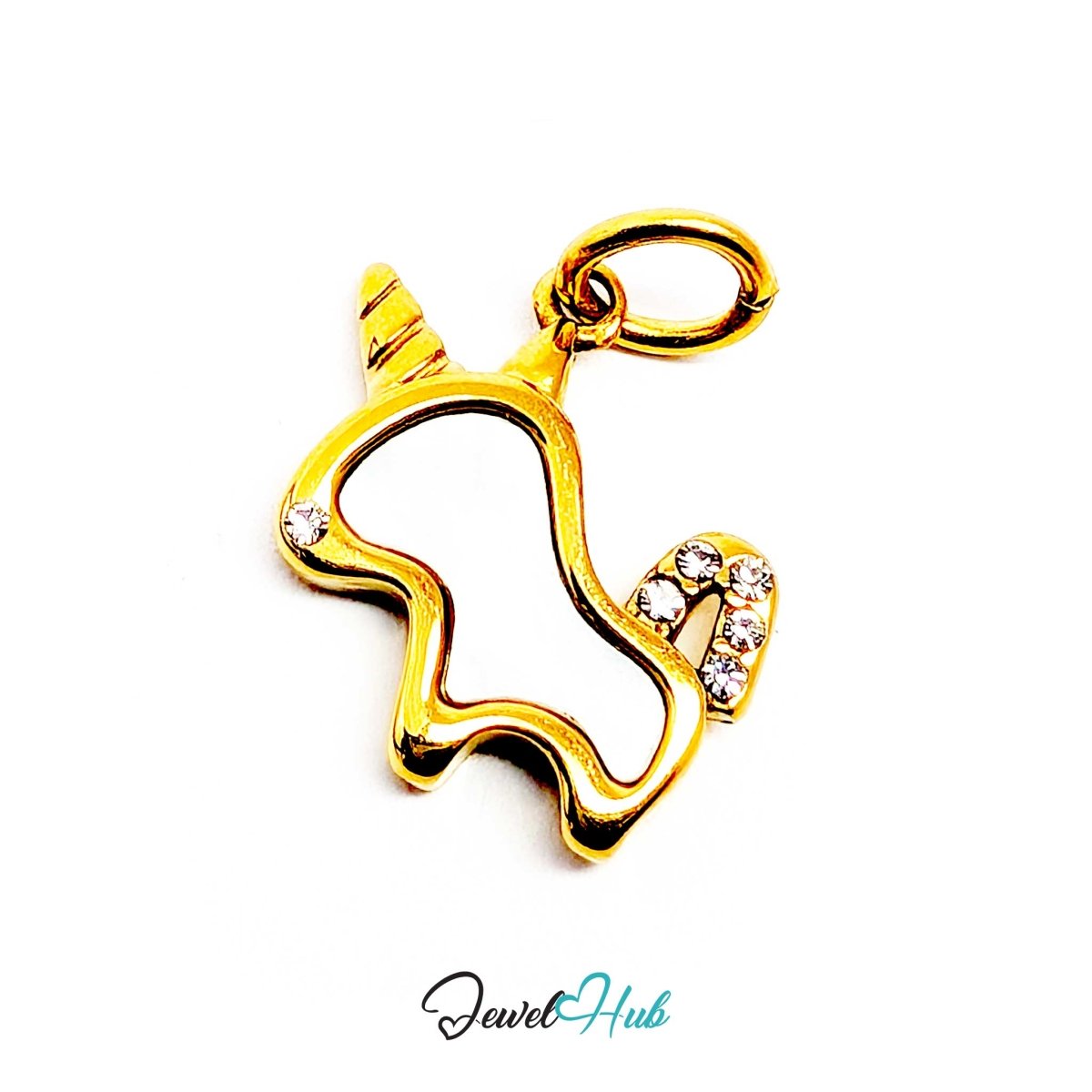 Angled view of the gold unicorn charm showing the crystal-set tail and open cut-out body - JewelHub