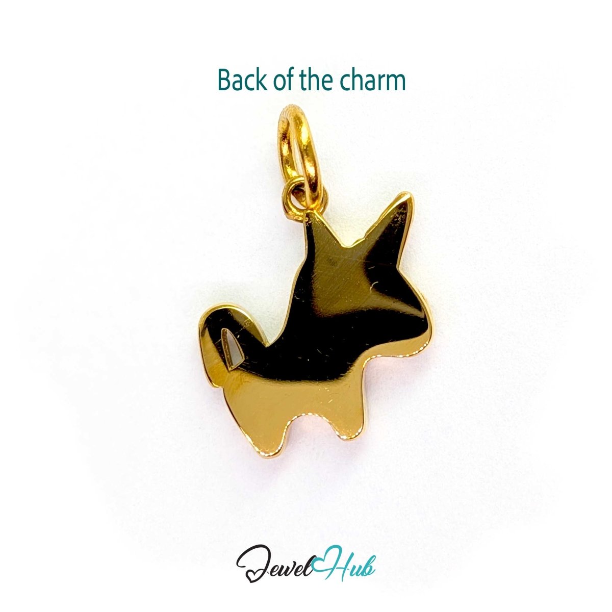 Back of the gold unicorn charm - a smooth polished steel panel, suitable for engraving - JewelHub