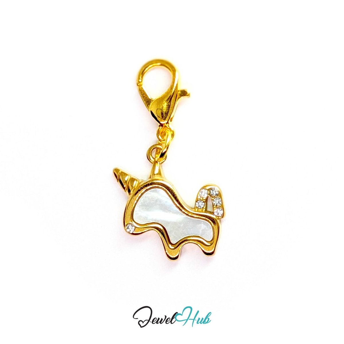 Gold unicorn charm fitted with a gold lobster clasp so it can be clipped on and swapped - JewelHub