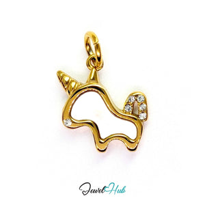 Gold unicorn charm in stainless steel with white enamel body, spiral horn and clear crystals - JewelHub