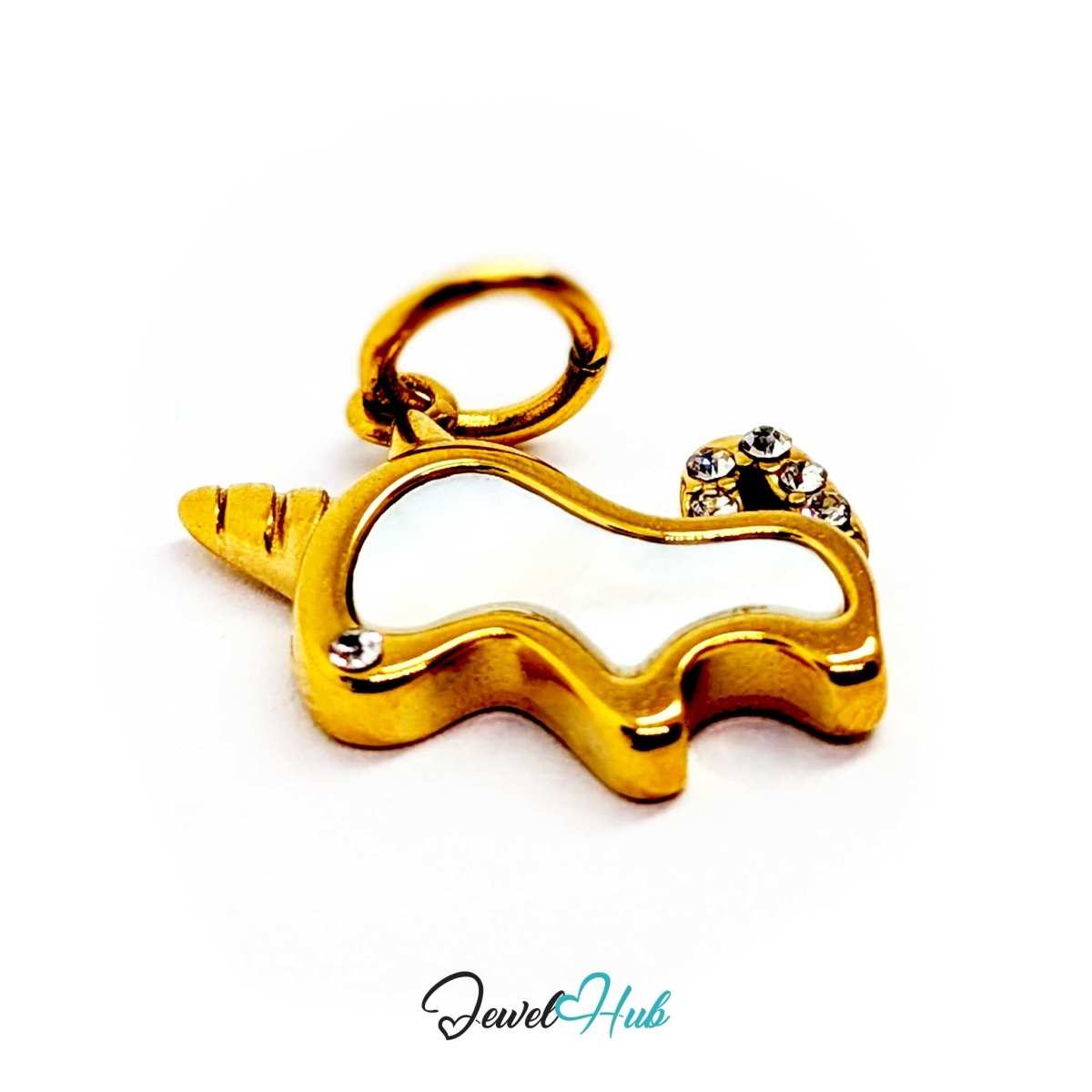 Gold unicorn charm tilted forward to show the raised polished edge around the enamel inlay - JewelHub