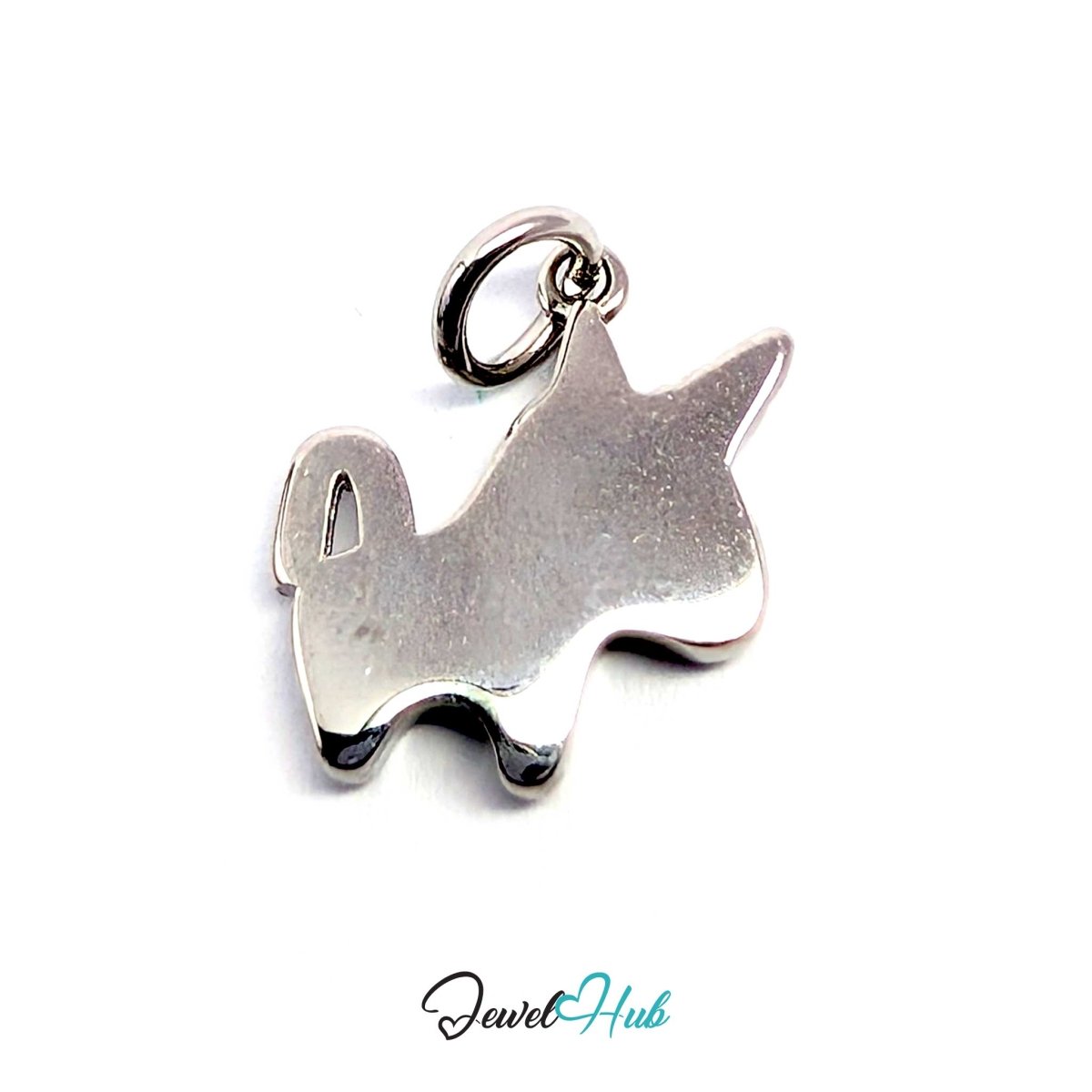 Rear three-quarter view of the silver unicorn charm with its rounded jump ring - JewelHub