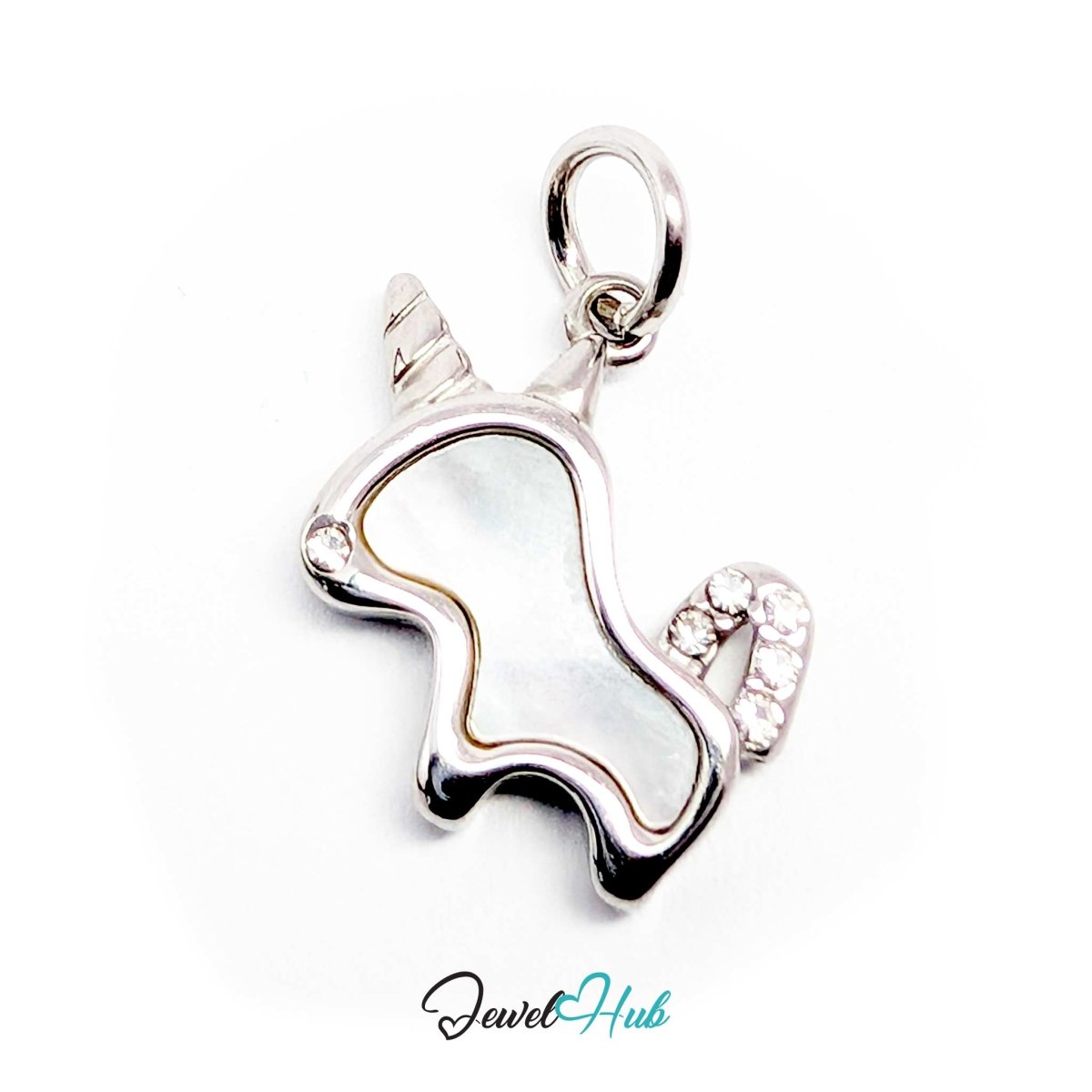 Angled view of the silver unicorn charm showing the crystal-set tail and open cut-out body - JewelHub
