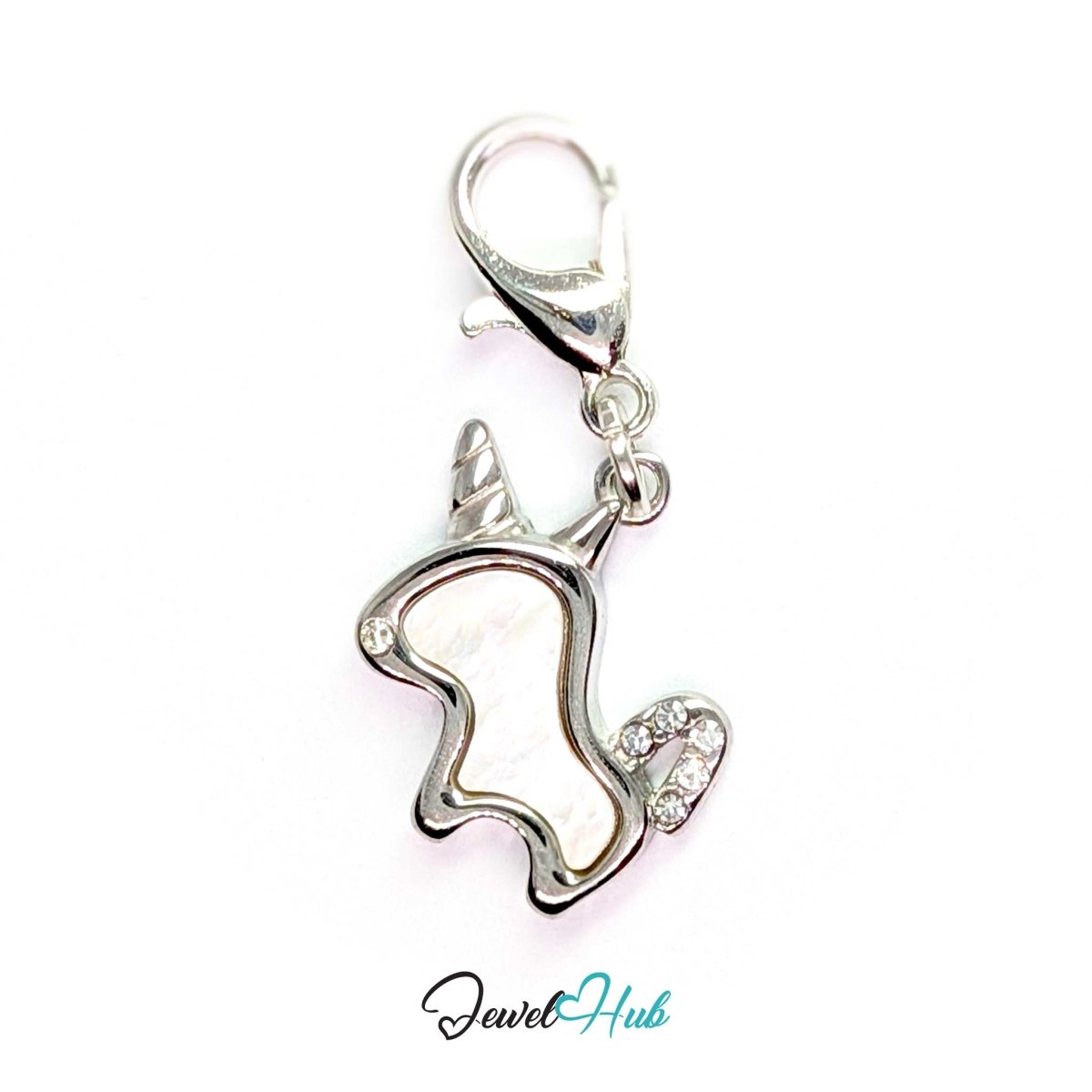 Silver unicorn charm fitted with a lobster clasp so it can be clipped on and swapped - JewelHub