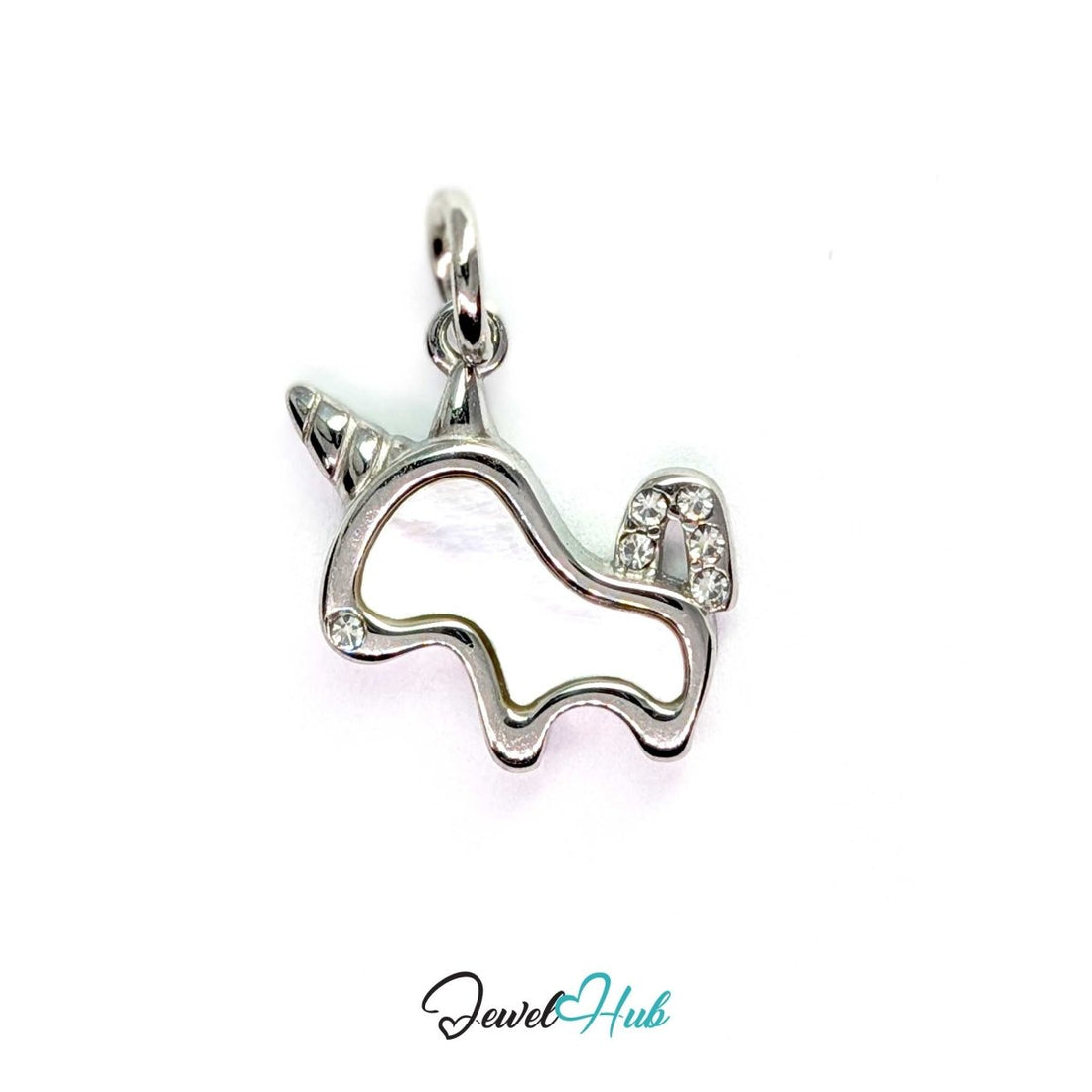 Silver unicorn charm in stainless steel with white enamel body, spiral horn and clear crystals - JewelHub
