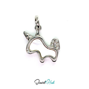 Silver unicorn charm in stainless steel with white enamel body, spiral horn and clear crystals - JewelHub