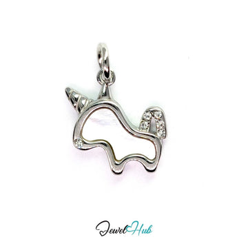 Silver unicorn charm in stainless steel with white enamel body, spiral horn and clear crystals - JewelHub