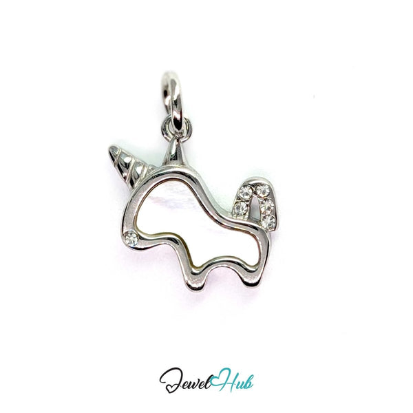Silver unicorn charm in stainless steel with white enamel body, spiral horn and clear crystals - JewelHub