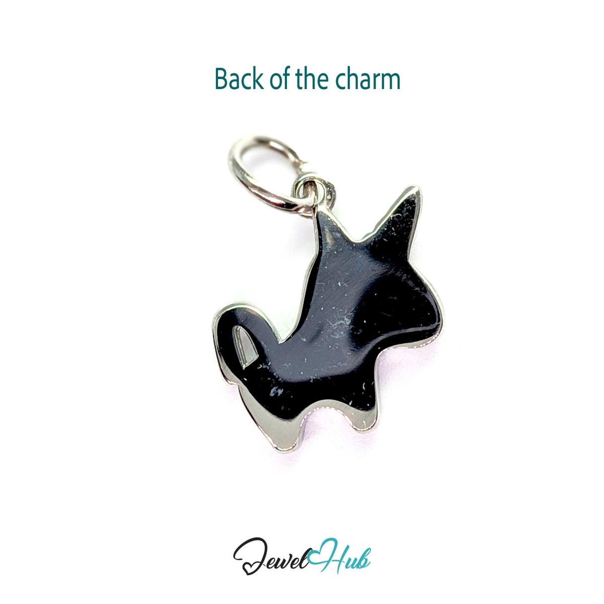 Back of the silver unicorn charm - a smooth polished steel panel, suitable for engraving - JewelHub