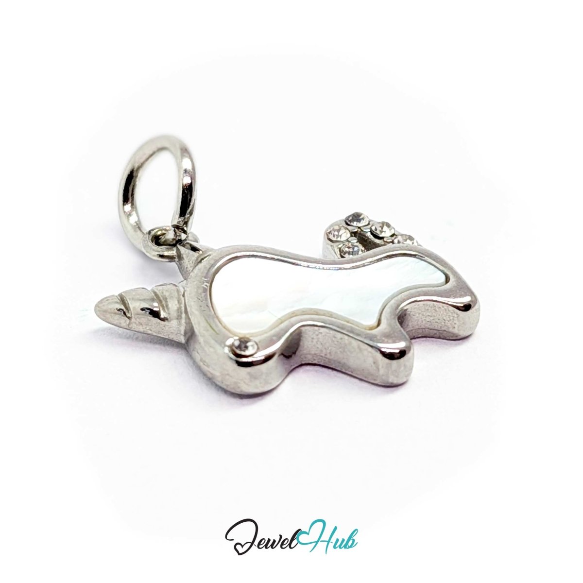 Silver unicorn charm tilted forward to show the raised polished edge around the enamel inlay - JewelHub