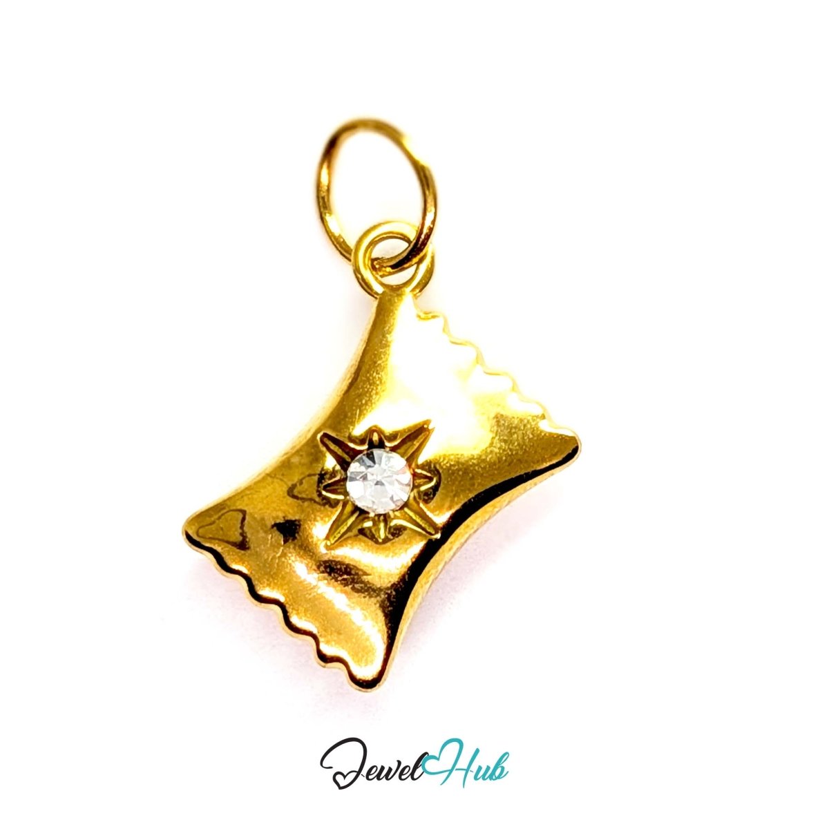 Wrapped sweet charm in gold stainless steel with a clear crystal - front view - JewelHub