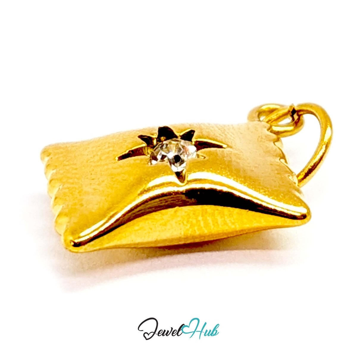 Wrapped sweet charm in gold stainless steel with a clear crystal - three-quarter view - JewelHub