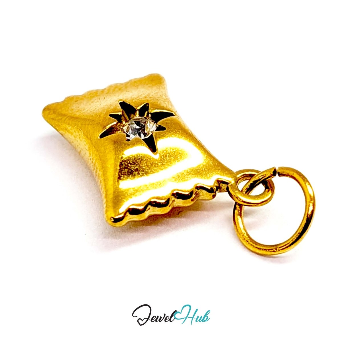 Wrapped sweet charm in gold stainless steel with a clear crystal - angled view - JewelHub