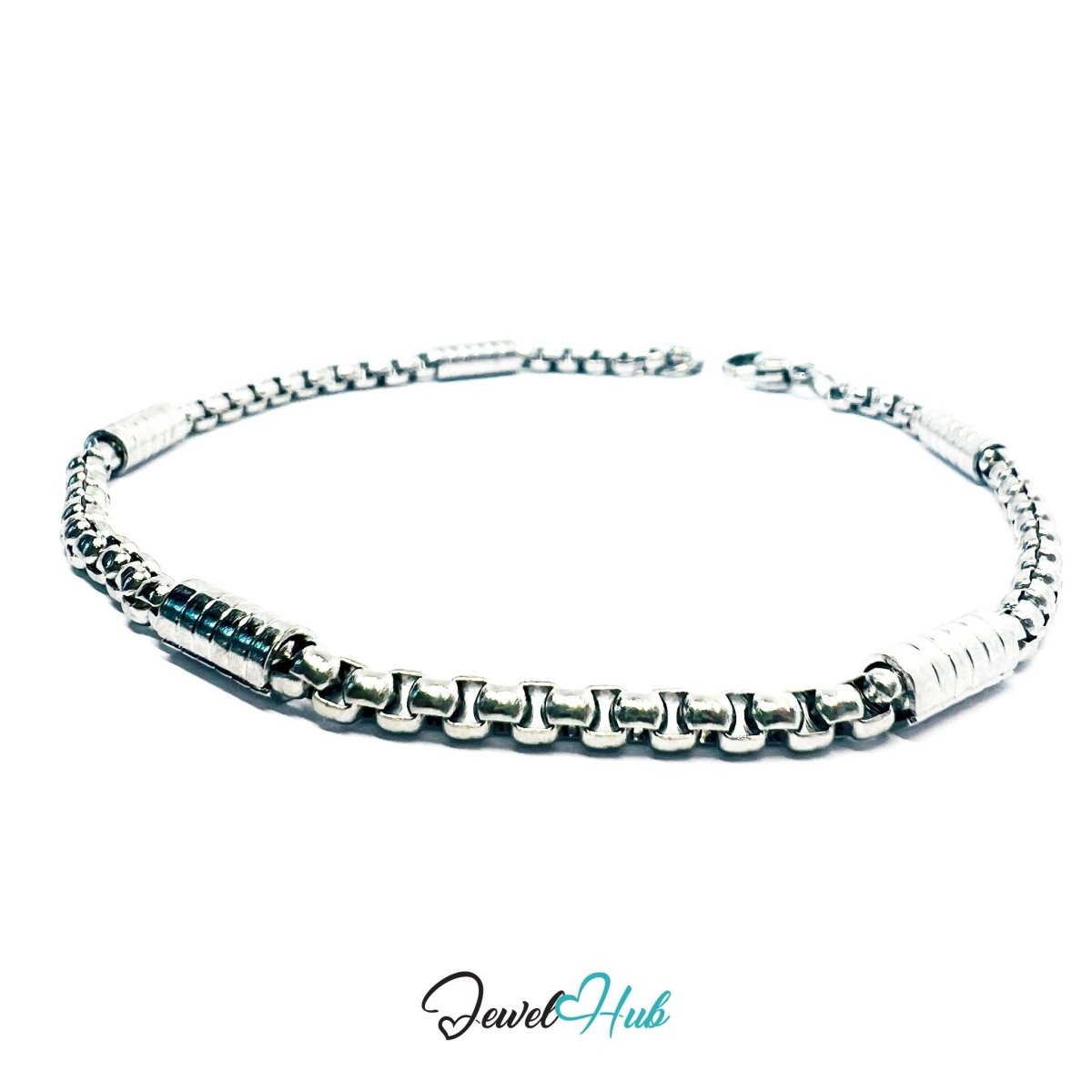 Curved Box Chain Stainless Steel Bracelet – Cylinder Detail - JewelHub.co.uk
