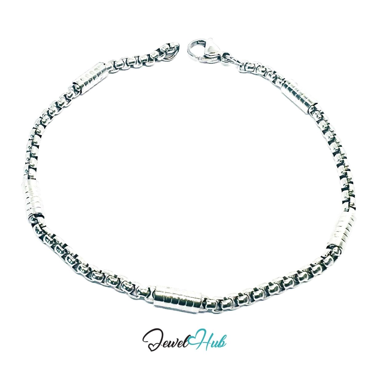 Curved Box Chain Stainless Steel Bracelet – Cylinder Detail - JewelHub.co.uk