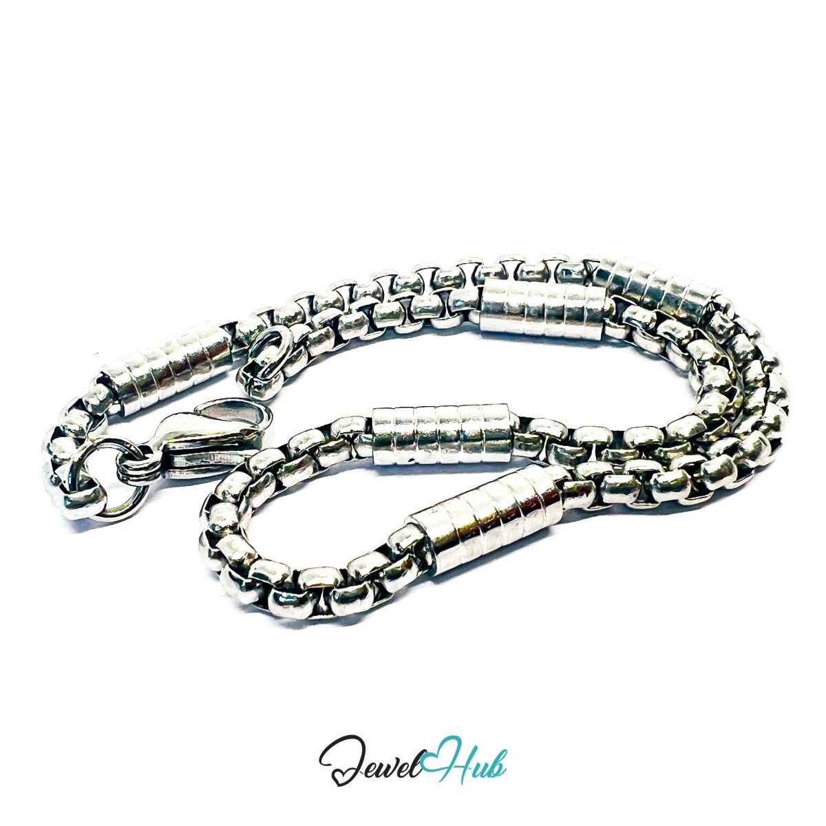 Curved Box Chain Stainless Steel Bracelet – Cylinder Detail - JewelHub.co.uk