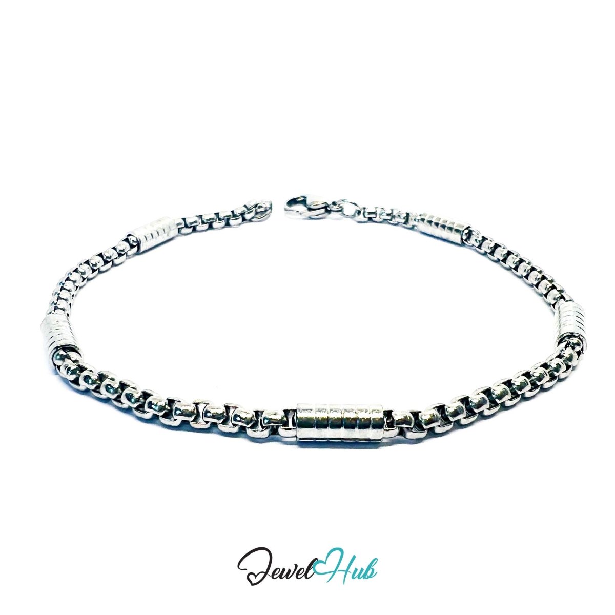 Curved Box Chain Stainless Steel Bracelet – Cylinder Detail - JewelHub.co.uk