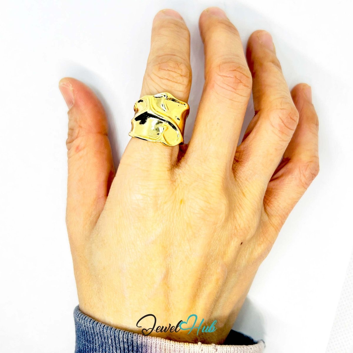 Draped Gold - Plated Ring – Chunky Crumpled Sculptural Statement - JewelHub.co.uk