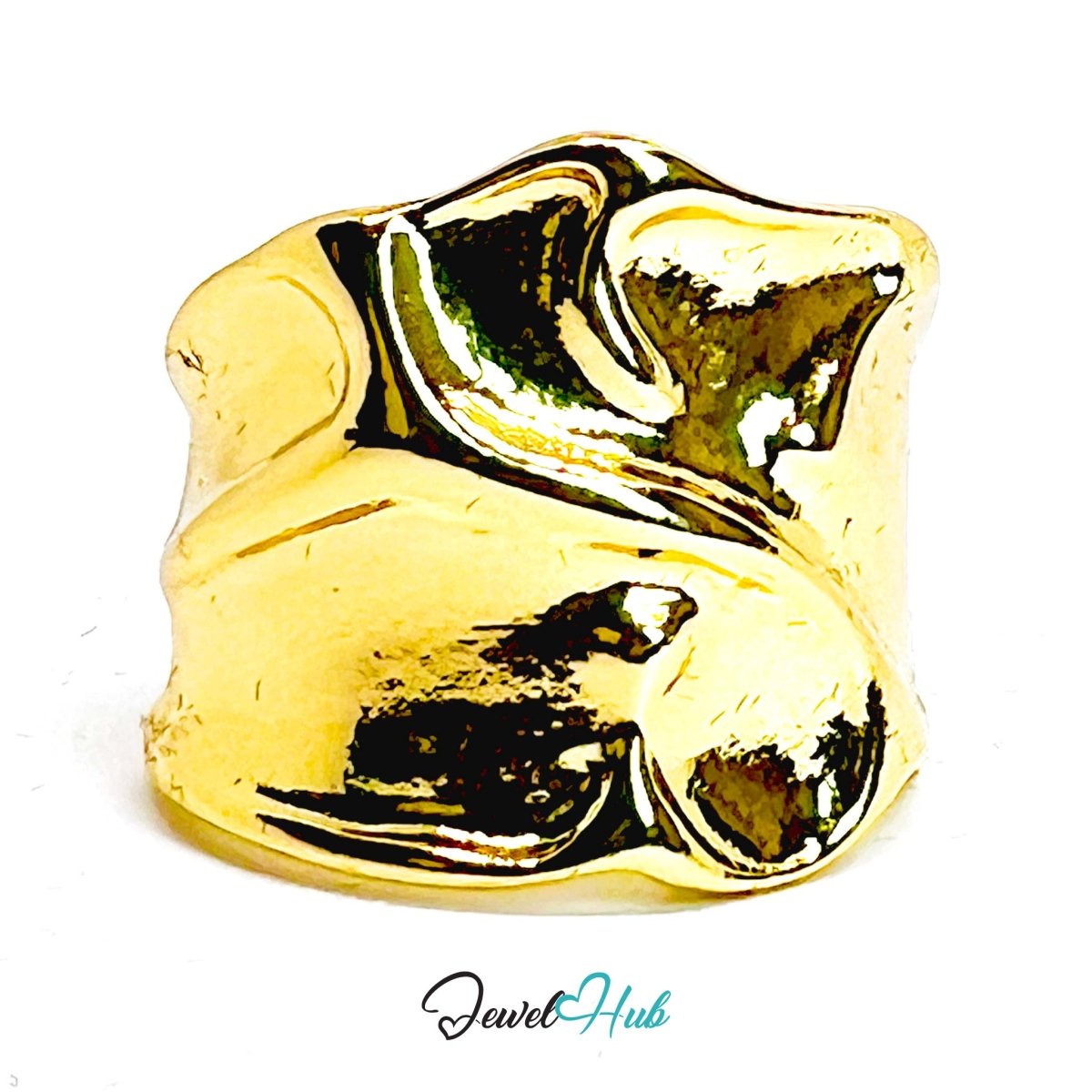 Draped Gold - Plated Ring – Chunky Crumpled Sculptural Statement - JewelHub.co.uk