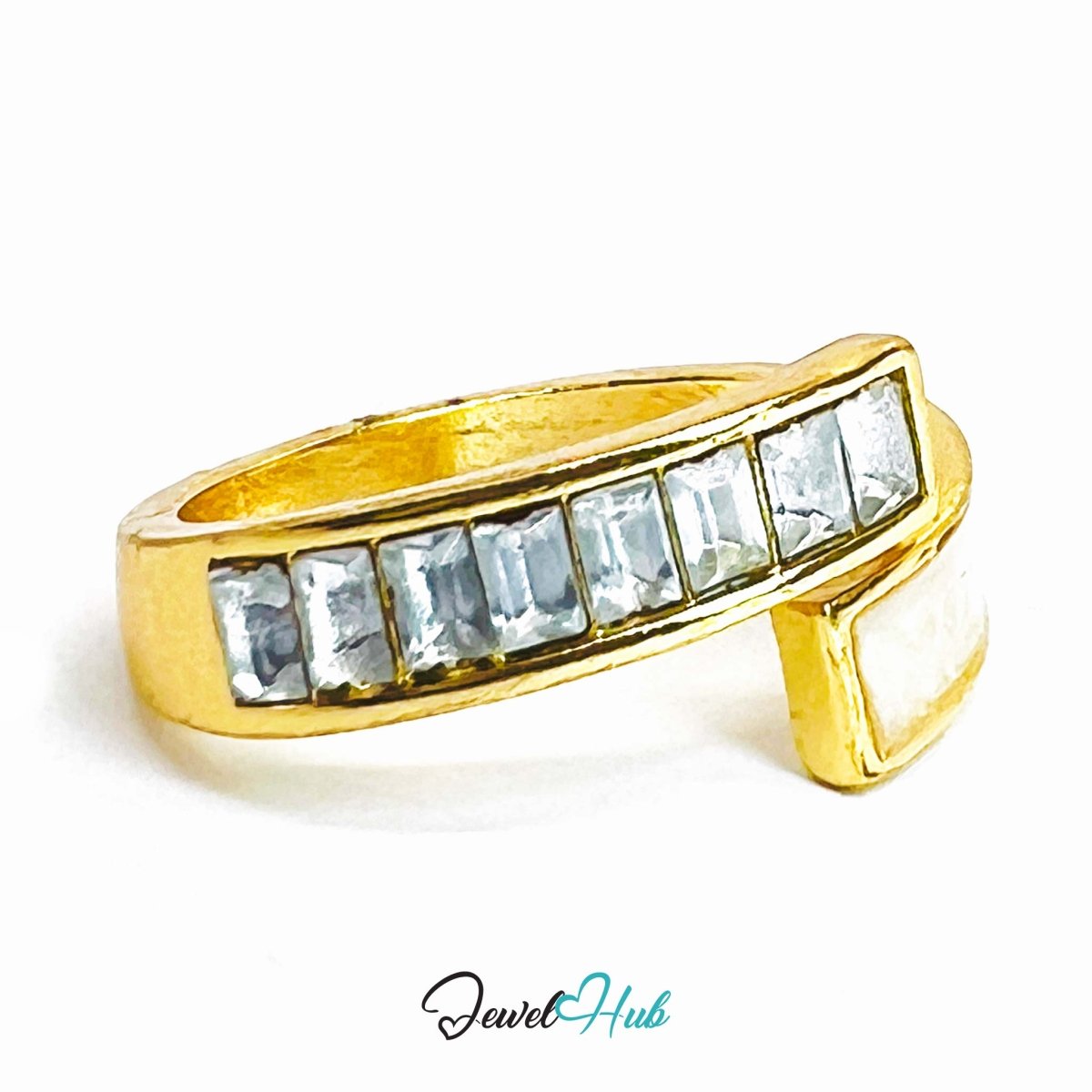 Dual Crystal Gold Bypass Ring – Baguette Diamond Statement Fixed N - JewelHub.co.uk
