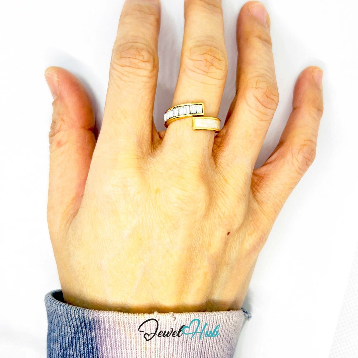 Dual Crystal Gold Bypass Ring – Baguette Diamond Statement Fixed N - JewelHub.co.uk