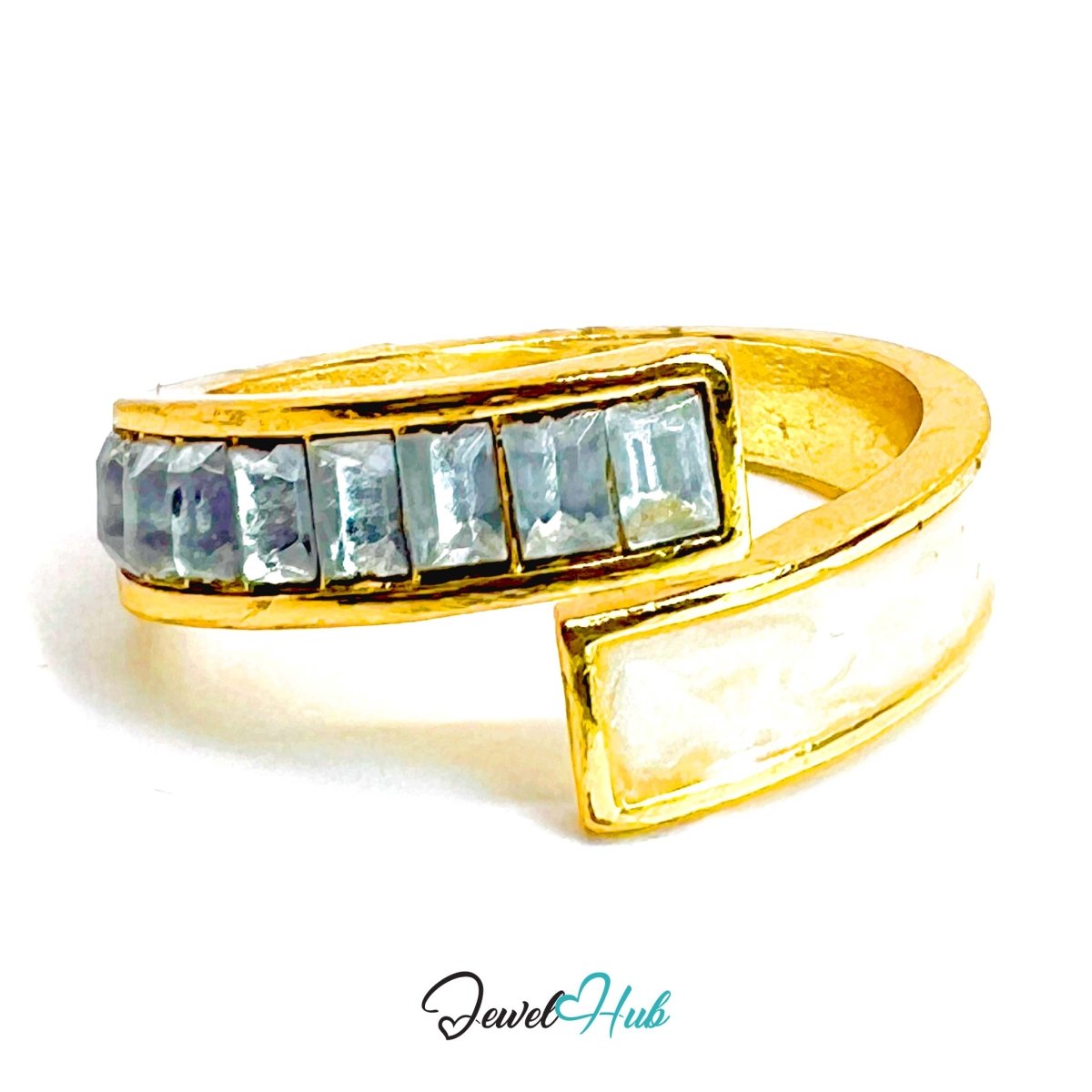 Dual Crystal Gold Bypass Ring – Baguette Diamond Statement Fixed N - JewelHub.co.uk