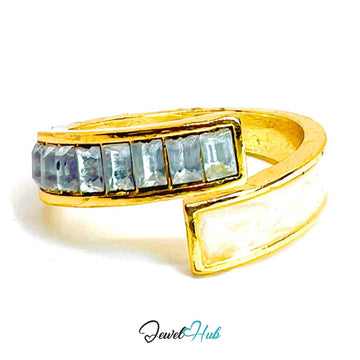 Dual Crystal Gold Bypass Ring – Baguette Diamond Statement Fixed N - JewelHub.co.uk